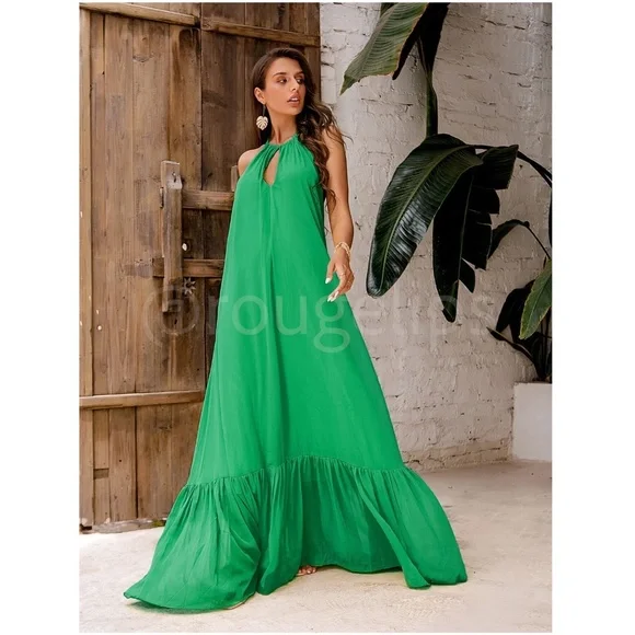 Green Flowy Halter Cutout Maxi Flared Dress Backless Open Back - Picture 2 of 8